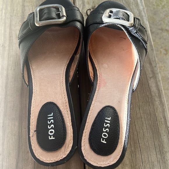 Fossil Black Cork Wedge Platform Sandals Size 9.5 Leather Buckle Slide Shoes - Picture 5 of 10